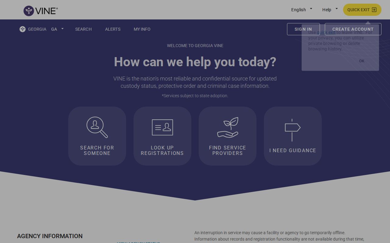 Georgia VINELink custody notification interface for Jefferson County arrest records
