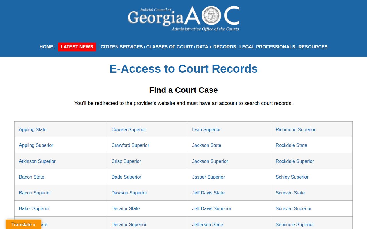 Georgia Courts e-access directory for Jefferson County court records