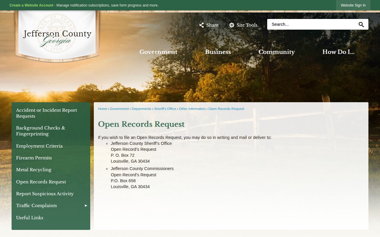 Jefferson County Sheriff's open records request contact page